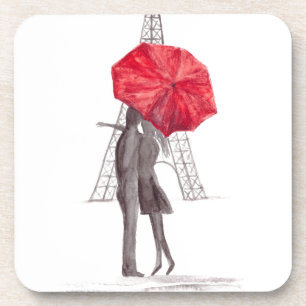 Paris love couple with red umbrella coaster