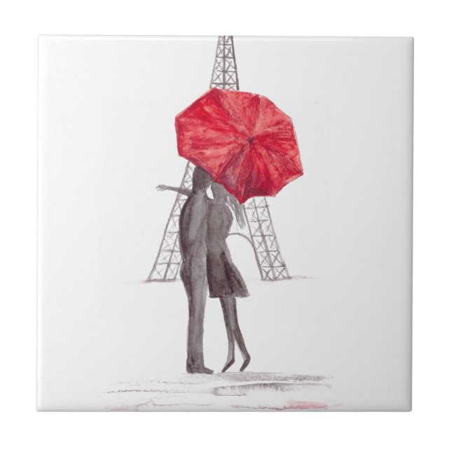 Paris love couple with red umbrella tile (Front)