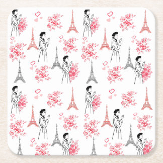 Paris Love Pattern – Eiffel Tower & Roses Seamless Square Paper Coaster