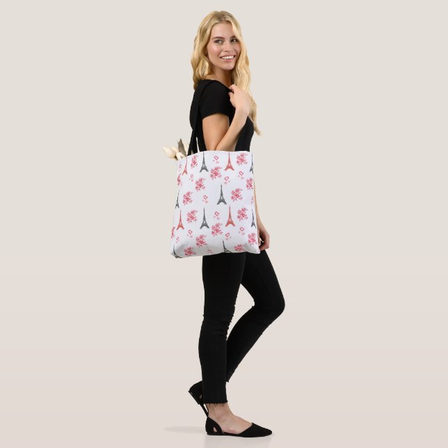 Paris Love Pattern – Eiffel Tower & Roses Seamless Tote Bag (On Model)