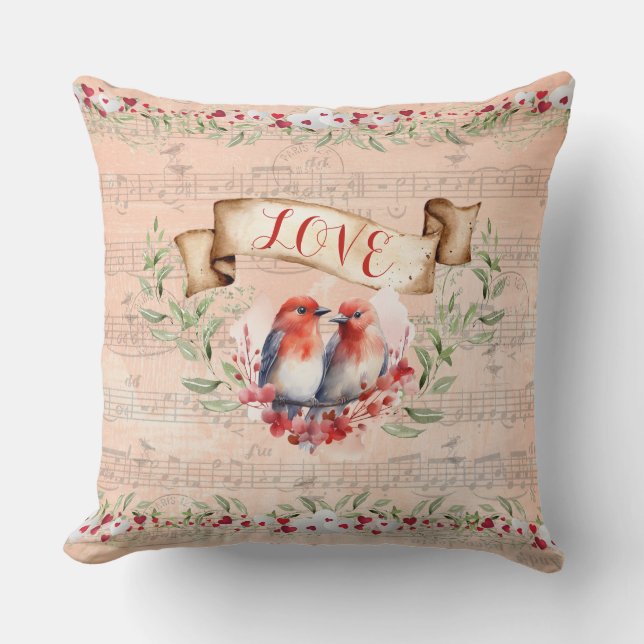 Paris Love Postmark Birds with Whimsical Notes  Cushion (Front)