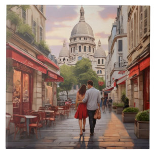 Paris Love: Romantic Couple by Sacre Coeur Church Ceramic Tile