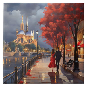 Paris Love: Romantic Couple by Seine Notre Dame Ceramic Tile