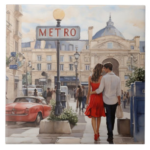 Paris Love: Romantic Couple by Train Station Metro Ceramic Tile