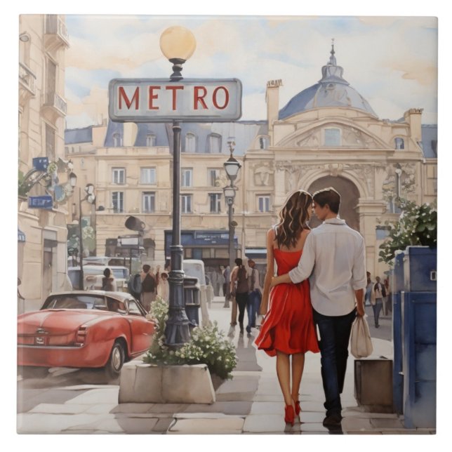 Paris Love: Romantic Couple by Train Station Metro Ceramic Tile (Front)