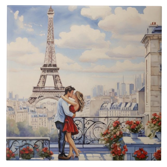 Paris Love: Romantic Couple Eiffel Tower Balcony Ceramic Tile (Front)