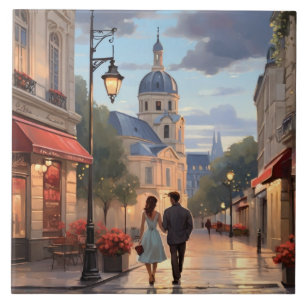Paris Love: Romantic Couple Evening Stroll France Ceramic Tile