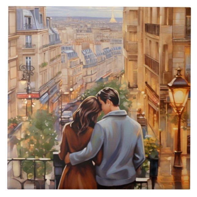 Paris Love: Romantic Couple French City View Ceramic Tile (Front)