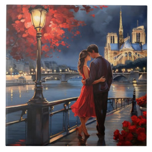 Paris Love: Romantic Couple Seine River Notre Dame Ceramic Tile