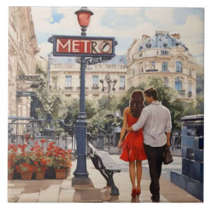 Paris Love: Romantic French Walk by Metro Station Ceramic Tile