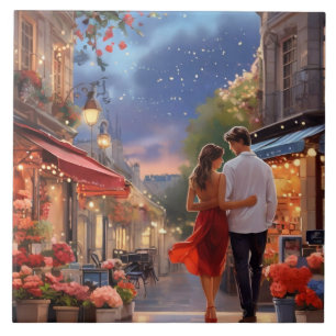 Paris Love: Romantic Summer Night Couple Ceramic Tile