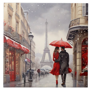 Paris Love: Romantic Winter Eiffel Tower Walk Ceramic Tile
