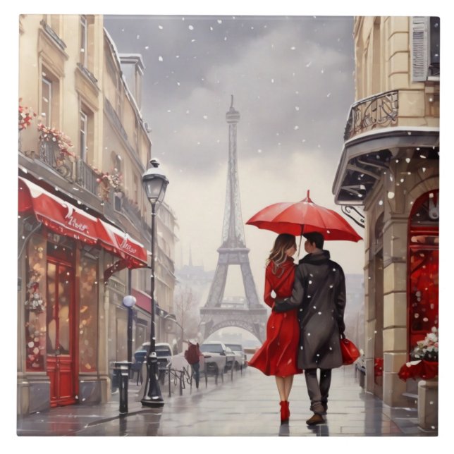 Paris Love: Romantic Winter Eiffel Tower Walk Ceramic Tile (Front)