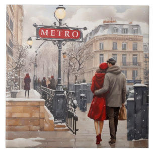 Paris Love: Romantic Winter Walk Metro Station Ceramic Tile