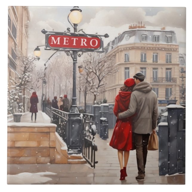 Paris Love: Romantic Winter Walk Metro Station Ceramic Tile (Front)