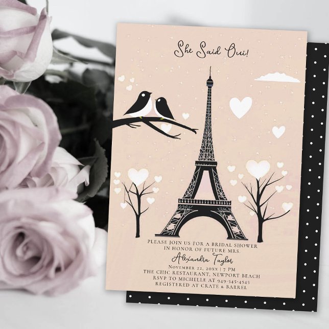 Paris Lovebirds Eiffel Winter Peach Bridal Shower Invitation (winter bridal shower invitation paris themed she said oui eiffel tower lovebirds hearts blush peach )