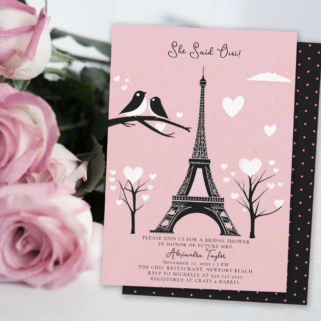 Paris Lovebirds Hearts Eiffel Winter Bridal Shower Invitation (winter bridal shower invitation paris theme black eiffel white hearts trees lovebirds pink blush oui)