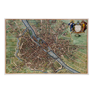 Paris map city old poster