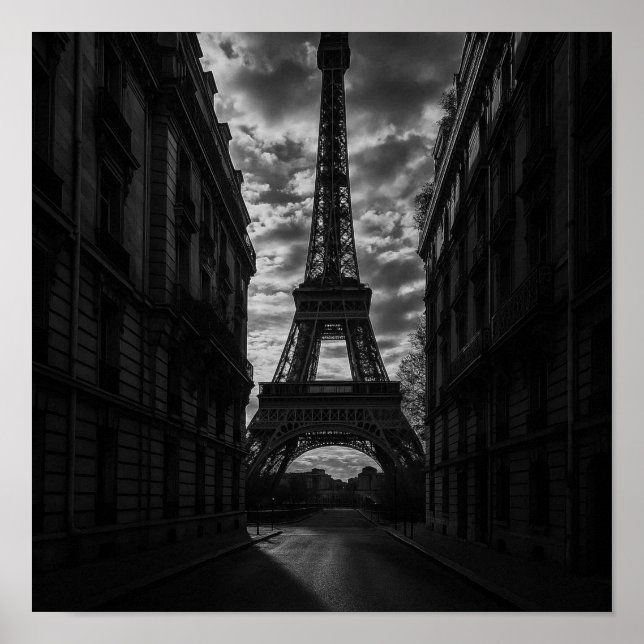 Paris Monochrome Tower View in Urban Street  Poster (Front)
