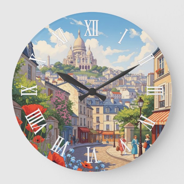 Paris Montmartre Postcard Large Clock (Front)