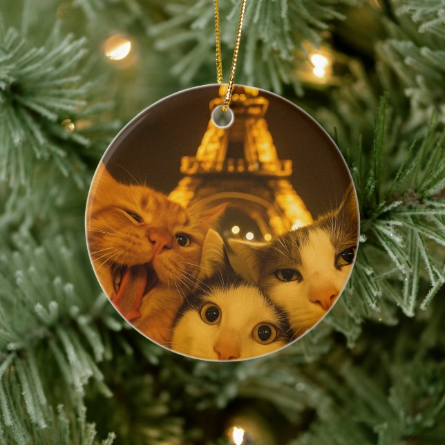    Paris Night Cat Selfie Squad Lover              Ceramic Ornament (Tree)