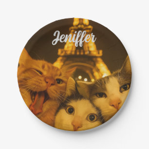 Paris Night Cat Selfie Squad Lover Paper Plate