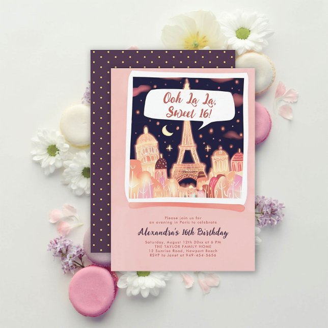 Paris Night Eiffel Comics Style Pink Chic Sweet 16 Invitation (paris sweet 16 invitation girls comics book illustration night eiffel moon stars elegant girly chic)