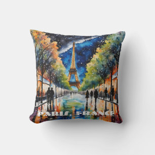 Paris Nightscape, Eiffel Tower, Stars, Reflections Cushion