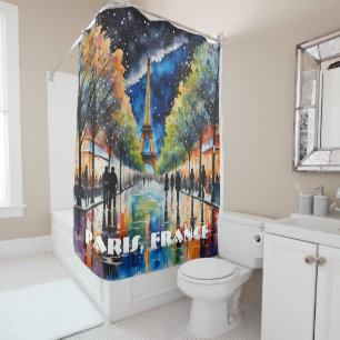 Paris Nightscape, Eiffel Tower, Stars, Reflections Shower Curtain