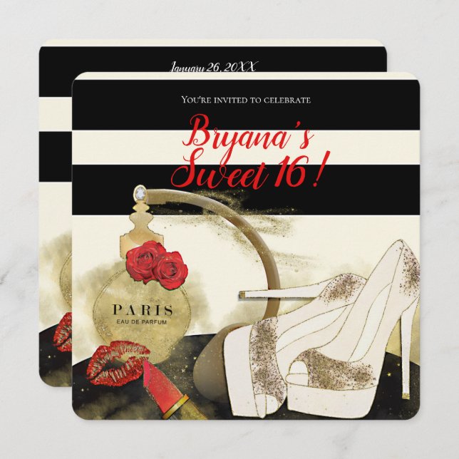 Paris Parfum Perfume Roses Heels & Lipstick Party Invitation (Front/Back)