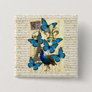 Paris, peacock and butterflies 15 cm square badge