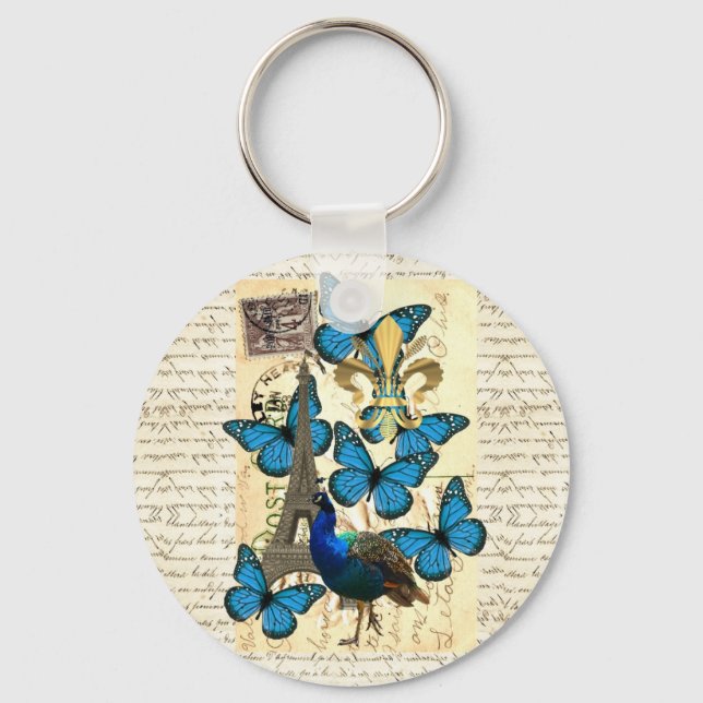 Paris, peacock and butterflies key ring (Front)