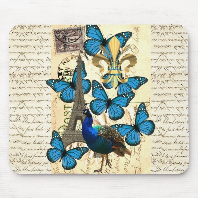 Paris, peacock and butterflies mouse pad (Front)
