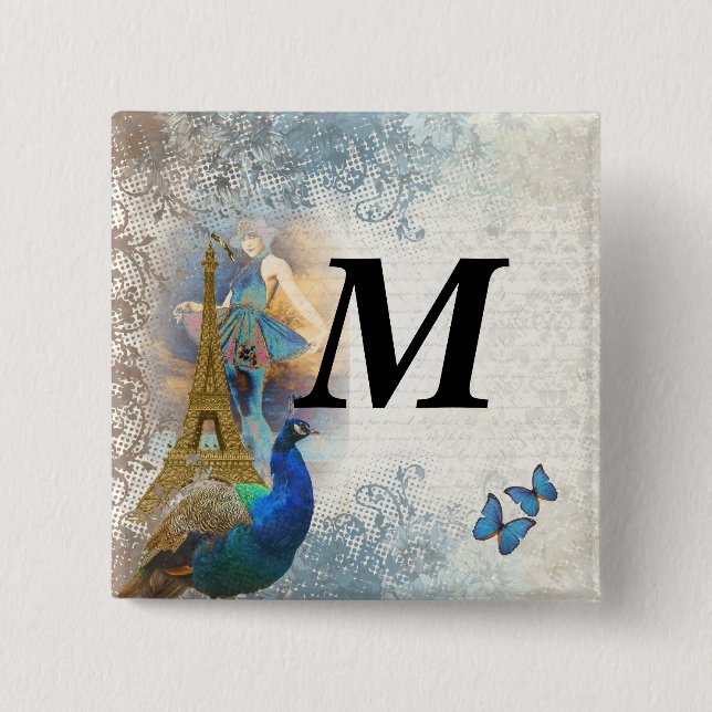 Paris peacock collage 15 cm square badge (Front)
