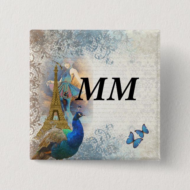 Paris peacock collage 15 cm square badge (Front)