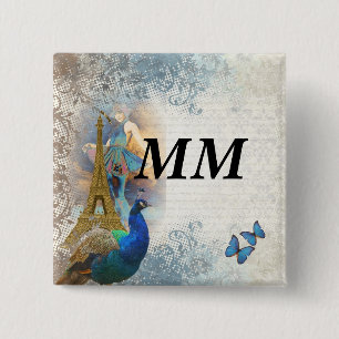 Paris peacock collage 15 cm square badge