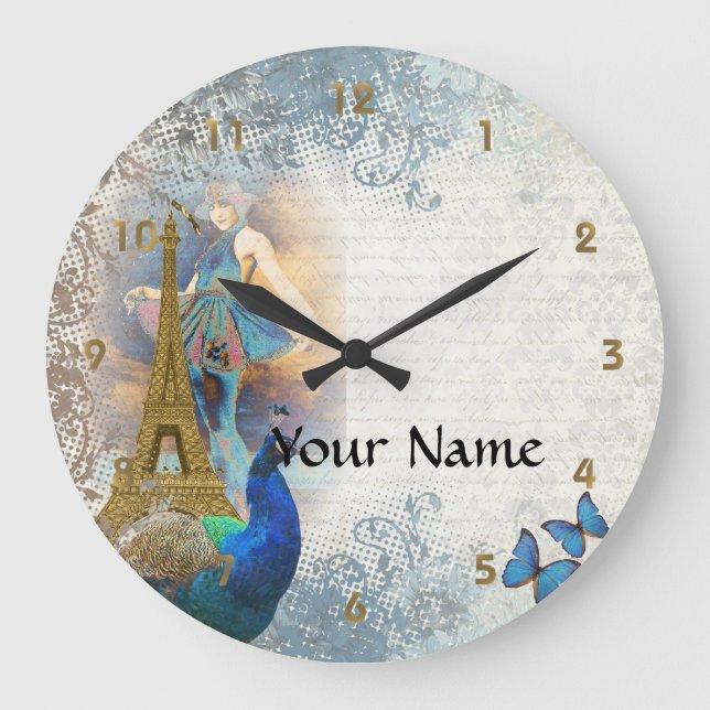 Paris peacock collage large clock (Front)