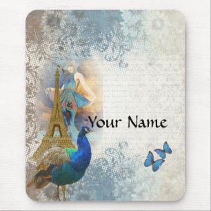 Paris peacock collage mouse pad