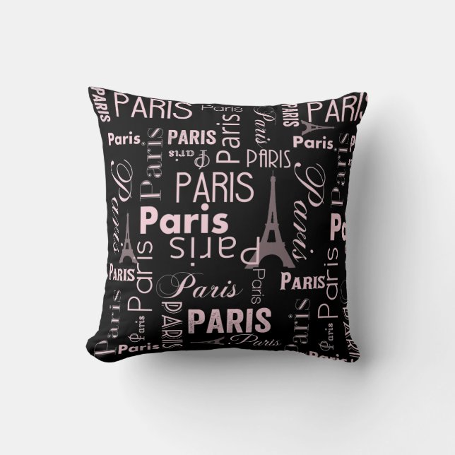 Paris pink and black, paris print cushion (Front)