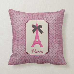 Paris Pink and Black Polka Dot Eiffel Tower & Bow Cushion