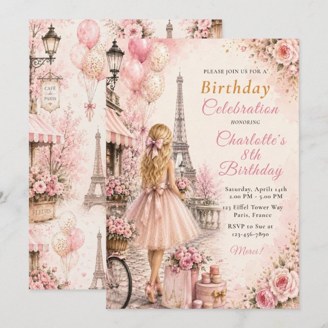 Paris Pink Birthday Party Invitation (Front/Back)