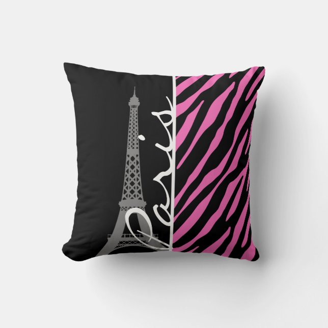 Paris; Pink & Black Zebra Print Cushion (Front)