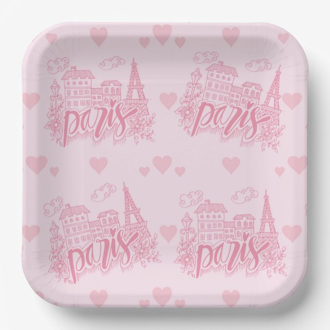Paris Pink Paper Plates, Eiffel Tower Party Plates (Front)