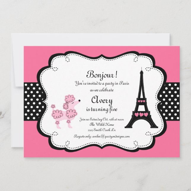 Paris Pink Poodle Eiffle Tower tea party bridal Invitation (Front)
