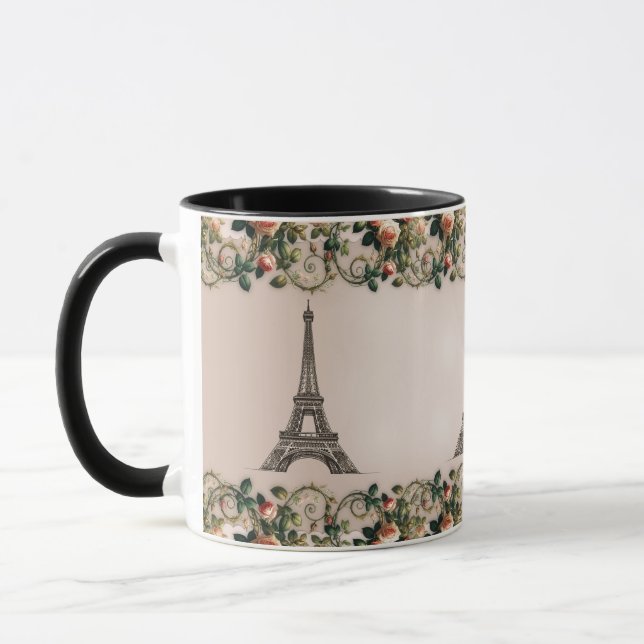 Paris Pink Rose Vines Eiffel Tower Shabby Chic Mug (Left)
