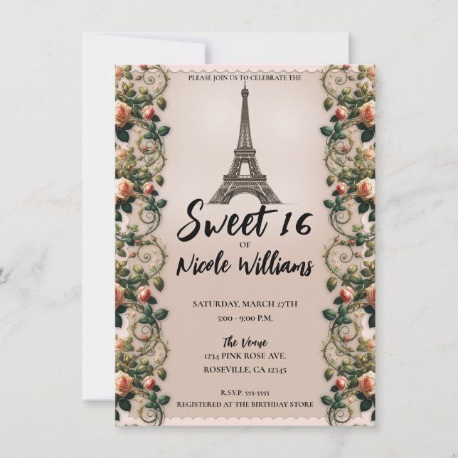 Paris Pink Rose Vines Eiffel Tower Sweet 16  Invitation (Front)