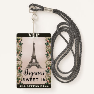 Paris Pink Rose Vines Eiffel Tower VIP Pass ID Badge