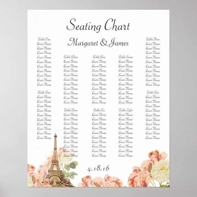 Paris Pink Rose Vintage Romantic Seating Chart (Front)