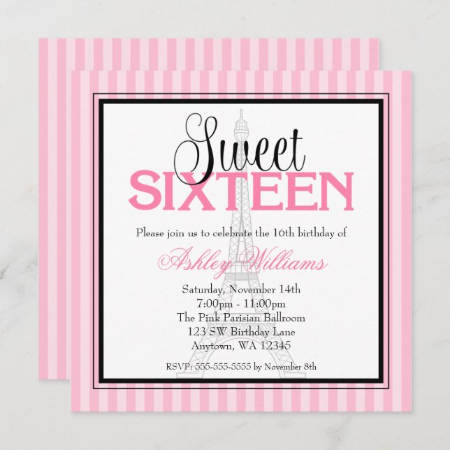 Paris Pink Stripes Sweet 16 Birthday Invitations (Front/Back)