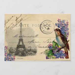 Paris Postcard Bird on Lilacs Invitation